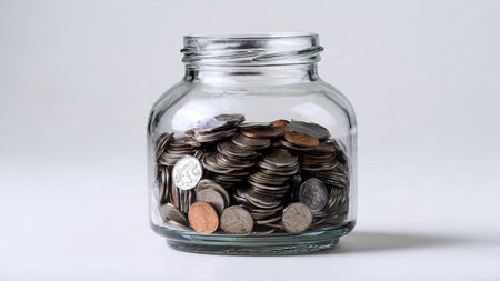Modern investment concept showing a row of stacked coins aligned beside a transparent jar,...