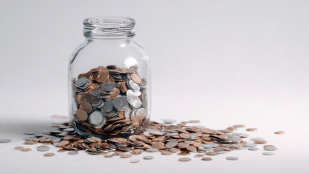 Clean aesthetic showing polished coins forming a spiral near a clear jar on a white background,...
