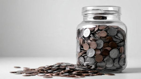 Clean savings concept showing a jar at an angle with coins grouped neatly in front, commercial-safe.