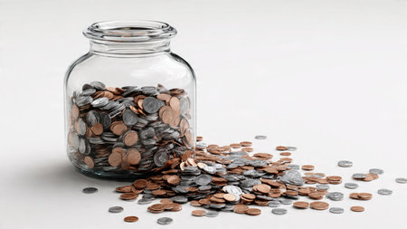 Elegant clean-budget scene featuring a jar centered behind a trio of polished coins.