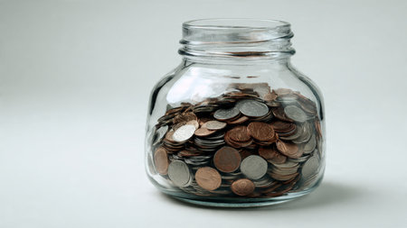 Clean modern savings illustration showing a jar filled with coins, commercial-safe.