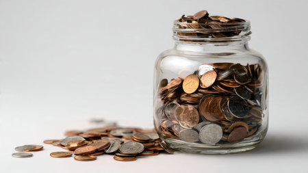 High-key saving aesthetic with a sparkling transparent jar positioned near organized coin stacks on...