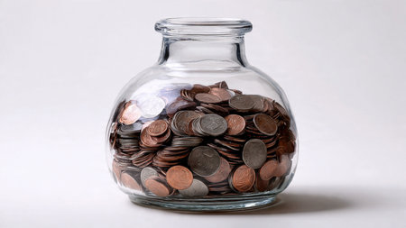 Professional savings image with a clear jar tilted slightly forward and coins in a small pile,...