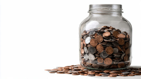 Elegant studio-lit scene with an empty jar standing near scattered coins positioned artistically.