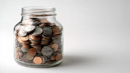 Minimal scene with a jar lying on its side and coins forming a delicate semicircle, commercial-safe.