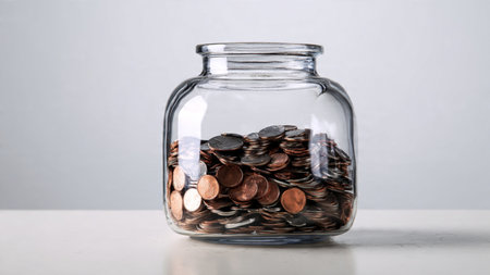 Bright and clean wealth illustration with a jar filled with coins, symbolizing savings and financial...