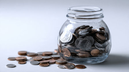 Clean simple wealth theme featuring scattered coins around a clear upright jar, commercial-safe.