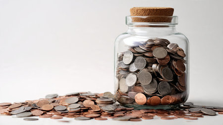 Professional budgeting flat lay featuring a jar and coins arranged symmetrically on a smooth white...