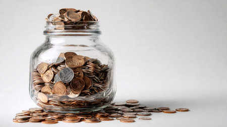 Bright financial planning scene with coins forming a soft pattern near a pristine glass jar,...