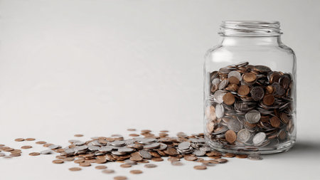 High-key minimal scene with coins forming a subtle arc around a transparent jar, commercial-safe.の写真素材