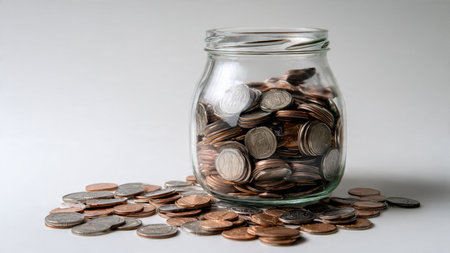 Elegant financial planning aesthetic featuring a clear jar beside polished coins arranged...