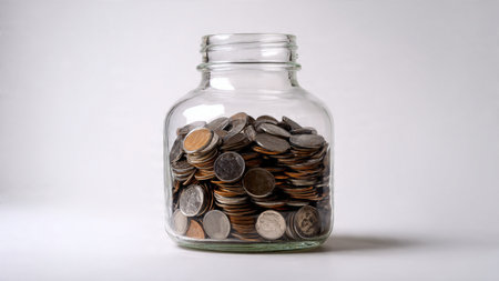 Minimal budgeting flat lay with a tipped jar spilling a small collection of coins, commercial-safe.の写真素材