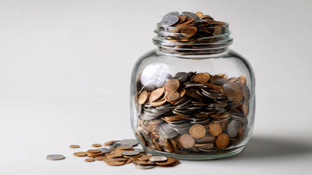 High-key investment scene featuring coins flowing downward from a jar placed diagonally,...