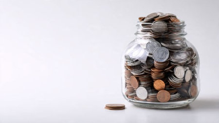 Professional budgeting concept with a clear jar and polished coins placed neatly in front.