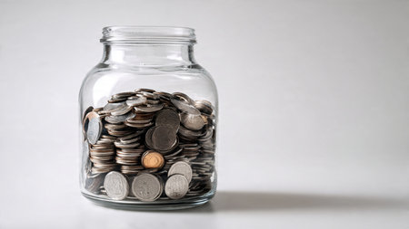 Minimal budgeting scene featuring an upright jar next to a linear arrangement of coins.