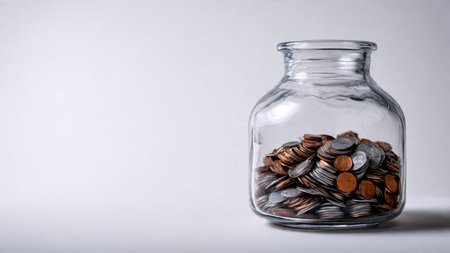 Soft studio scene with a tipped jar and a minimal cluster of coins arranged calmly, commercial-safe.の写真素材