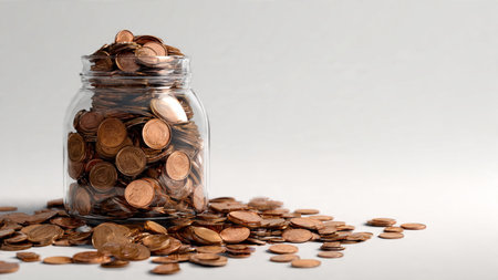 Elegant savings-themed image with a jar tipped and coins arranged softly beside it.
