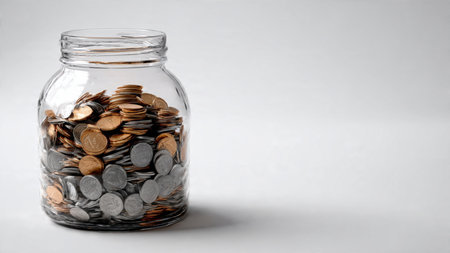 High-key savings illustration featuring neat rows of coins leading toward a clear jar, commercial-safe.の写真素材