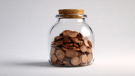 Elegant savings structure with a jar and coins positioned symmetrically for a modern look,...