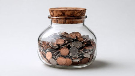 Clear financial illustration showing coins spilling gently from a tipped jar.