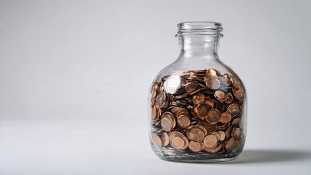 Clean budgeting flat lay showcasing polished coins scattered lightly around a clear jar.