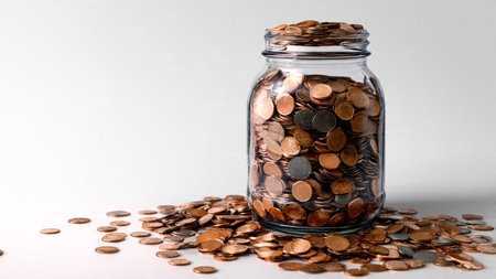Elegant financial concept with a clear jar placed beside organized stacks of coins on a bright...