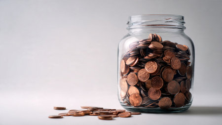 Clean economic composition showcasing polished coins resting neatly and a jar casting soft shadows,...