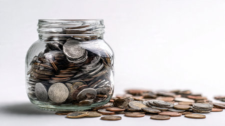 High-key budgeting illustration with scattered coins and a jar filled with coins forming a balanced...