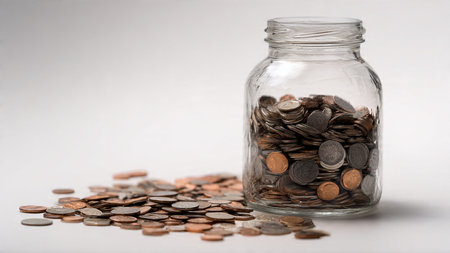 Clean modern investment scene with a tipped jar forming a gentle stream of coins outward, commercial-safe.の写真素材