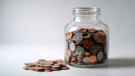 Clean wealth growth visual showcasing a transparent jar with a modest collection of coins on a...