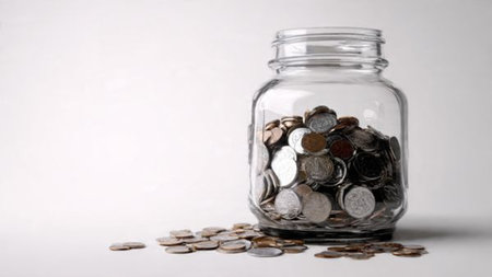 Elegant high-key image showing three coins beside a clear standing jar, commercial-safe.