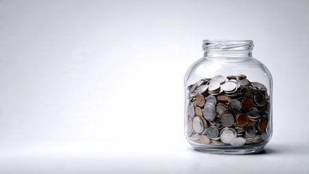 Clean financial planning layout with an empty jar and a small pile of coins forming a balanced...