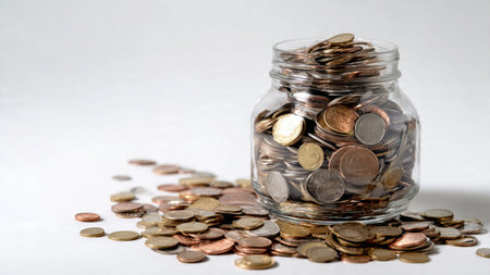Clean white-background budgeting image with a balanced arrangement of coins and a glass jar,...