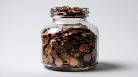 Clean composition of an upright jar next to a pile of loose coins symbolizing early-stage saving...