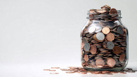Minimal clean savings theme featuring a jar filled with coins, symbolizing savings and financial...