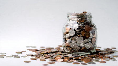 Minimalist savings concept with a transparent jar filled halfway with coins placed on a clean white...