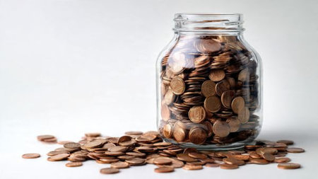 Simple money theme featuring a line of coins leading toward an upright transparent jar,...