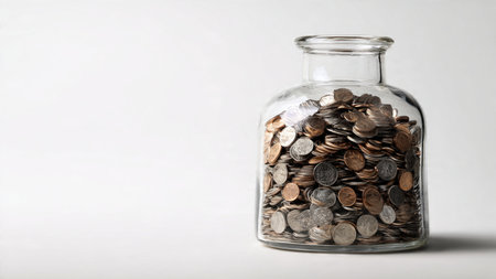 High-key budgeting visual showing a jar tipped backward spilling a soft cluster of coins.