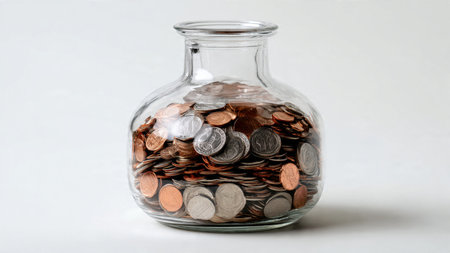 Elegant savings structure with a jar and coins positioned symmetrically for a modern look.