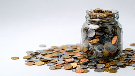 Minimal financial planning visual showing a jar filled with coins under diffused lighting.