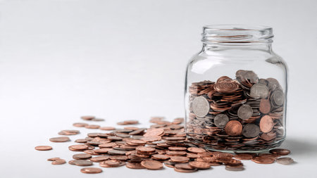 Elegant savings mood with a half-filled jar surrounded by loose coins, commercial-safe.