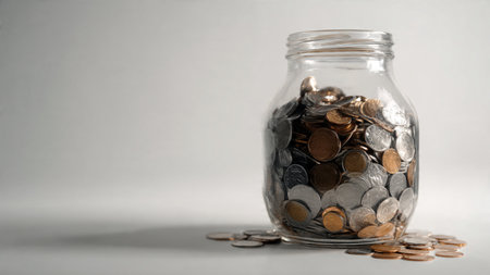 Clean simple financial planning concept with a tipped jar and naturally scattered coins,...