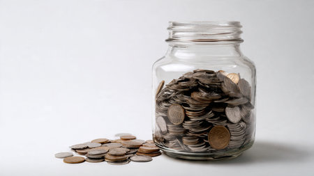 Modern financial layout with an empty jar casting soft shadows near a group of glimmering coins.