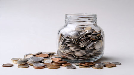 Minimal aesthetic with a transparent jar aligned beside stacked coins under smooth lighting, commercial-safe.の写真素材
