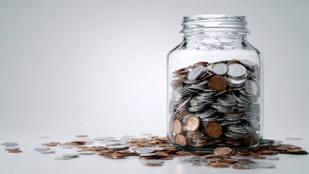 Minimal clean savings theme featuring an empty jar and coins grouped neatly in front.