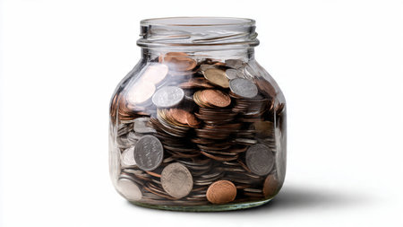 Studio-perfect financial planning scene featuring carefully placed coins near a transparent jar,...