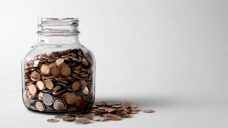 Elegant budgeting concept featuring a polished glass jar and scattered coins under soft diffused...