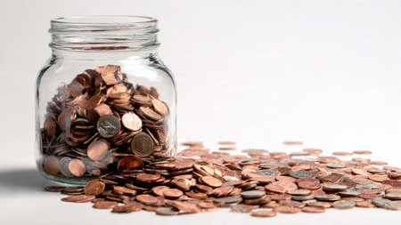 Elegant white-theme financial image featuring coins arranged symmetrically around a glass jar,...