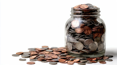 High-key modern concept showing a half-full jar and several coins placed neatly, commercial-safe.
