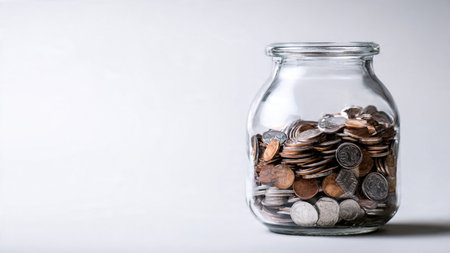 Clean economic image showing a transparent jar lying slightly sideways with coins nearby,...